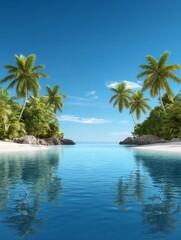 Fototapeta premium Serene Cove Paradise - Tranquil beach cove, lush palms, crystal water, reflection, tropical escape. Symbolizing peace, serenity, paradise, escape, and tranquility.