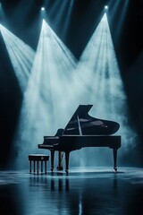 Grand piano on a dimly lit stage with dramatic lighting, perfect for musical performances, concerts, or elegant events showcasing classical artistry.