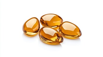 Transparent amber capsules on white background for health and wellness