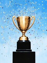 Golden Trophy Celebration - A gold trophy sits atop a black pedestal, surrounded by falling confetti against a light blue sky.  Victory, success, achievement.