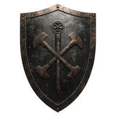 Fototapeta premium Medieval warrior shield with crossed battle axes and a central emblem, featuring a rugged, battle-worn design, isolated on a transparent background. Perfect for fantasy and historical themes.