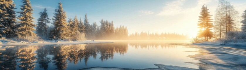 Serene winter landscape with snow-covered trees and a tranquil lake at sunrise.