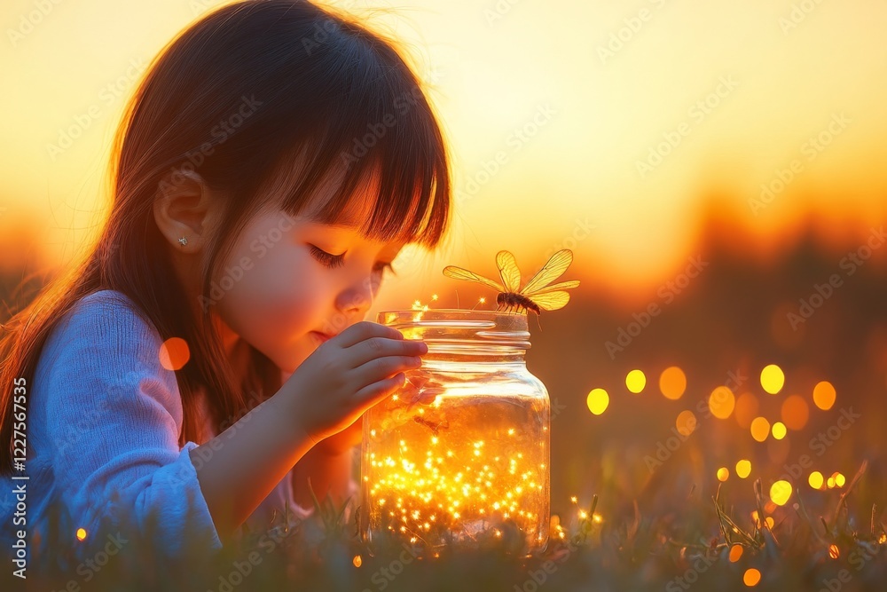 Poster a child observing fireflies in a jar during twilight, their face lit by the tiny glowing insects