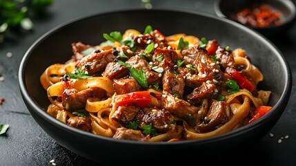 pasta linguine with beef strips