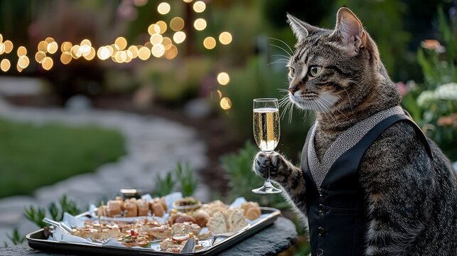 Elegant tabby cat celebrates with champagne at a garden soiree outdoor party high-quality image playful atmosphere