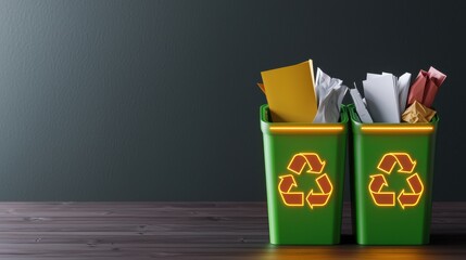 Two Colorful Recycling Bins Filled with Paper Waste on Wooden Surface