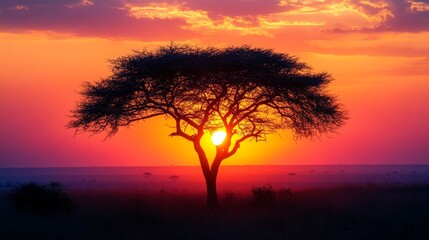 A silhouette of a tree against a fiery sunset sky, with the sun just touching the horizon, creating a dramatic contrast between the dark tree and the bright colors of the sky.