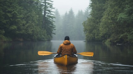 A solo canoeist paddling down a quiet river, surrounded by dense trees and calm waters. The peaceful atmosphere of the scene invites the viewer to enjoy the solitude of nature