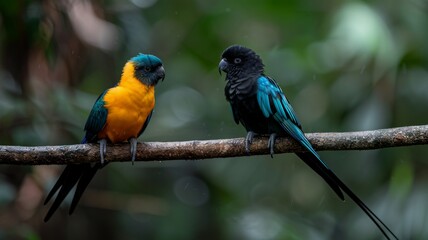 Obraz premium Colorful Parrot: A pair of brightly colored parrots perched on a tree branch in a tropical rainforest.
