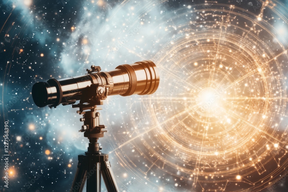 Poster A clean design of a telescope pointing toward the stars, surrounded by abstract patterns of constellations