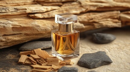 Arabian agarwood perfume with Incense Chips on beige background, arabian out Transparent perfume bottle near the aged weathered wooden snag and stones. Perfume with woody notes concept.