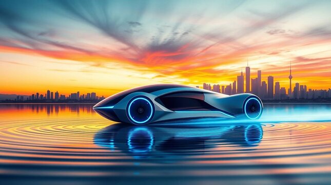 Futuristic electric autonomous car driving through a modern city