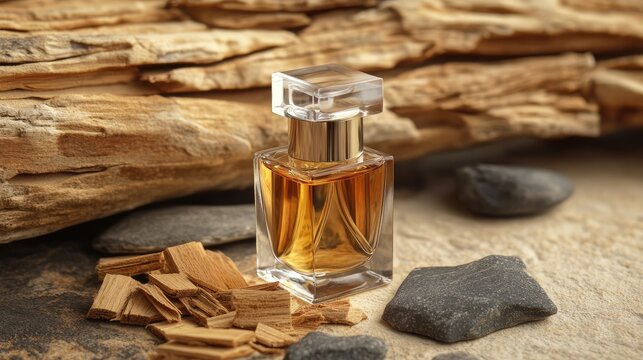 Arabian agarwood perfume with Incense Chips on beige background, arabian out Transparent perfume bottle near the aged weathered wooden snag and stones. Perfume with woody notes concept.