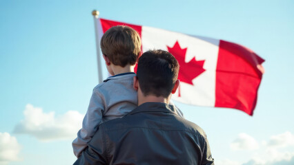 Banner boy child sitting on the hands of a man against the background of the flag of Canada against the background of a blue clear sky, concept National Flag of Canada Day