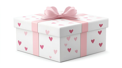 A beautifully wrapped gift box is adorned with light pink hearts and tied with a silky ribbon, Decorative gift box isolated on white background, Holiday decoration, Valentines Day