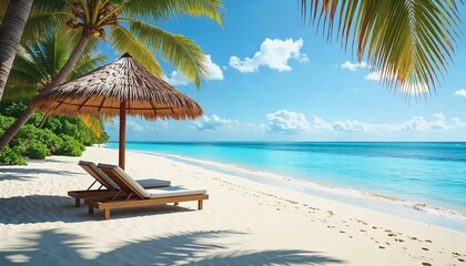 Fototapeta premium Picturesque tropical beach with straw parasol and lounge chairs by calm turquoise water