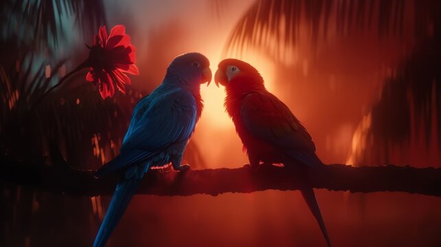 Colorful Parrot: A pair of brightly colored parrots perched on a tree branch in a tropical rainforest.