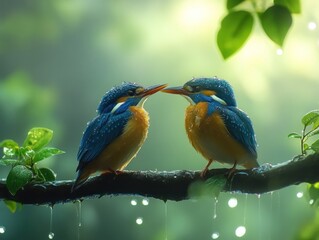 Two kingfisher birds perched on a branch in the rain with bokeh background