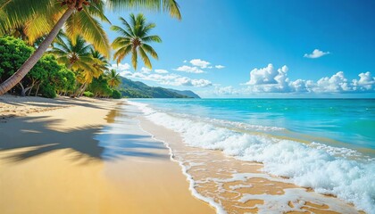 Beautiful tropical landscape with turquoise waves and golden sand under palm trees