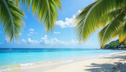 Serene coastal setting with crystal-clear waters and sandy beach bordered by palm fronds