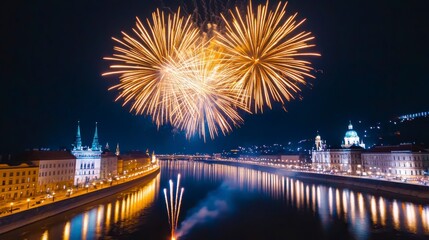 Obraz premium Nighttime Fireworks Display Over City River and Illuminated Buildings
