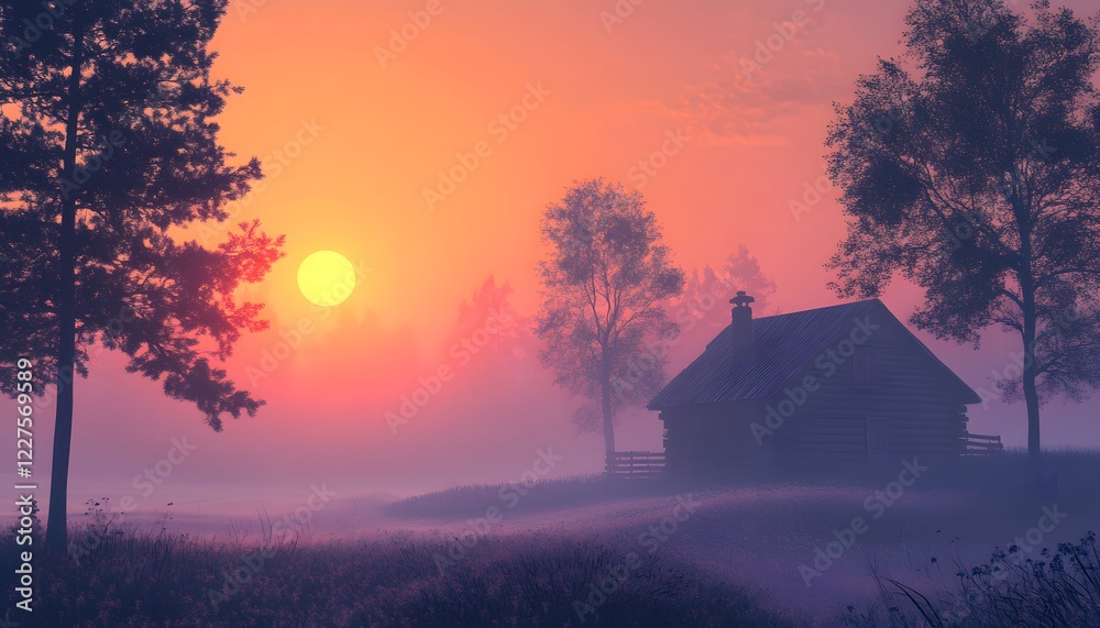 Aufkleber Serene Sunrise Over a Rustic Cabin Surrounded by Misty Fields and Gentle Trees, Creating a Tranquil Atmosphere in Nature's Embrace