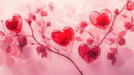 A romantic digital artwork of translucent red hearts among stylized roses in shades of pink