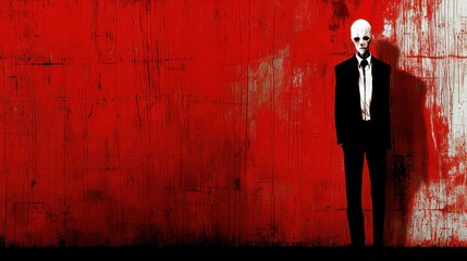 Obraz premium Skeletal figure in suit against red wall; mystery, suspense