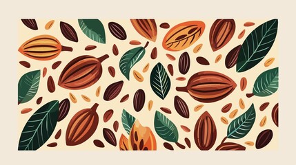 Cocoa Beans and Leaves Flat Vector Illustration
