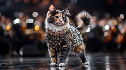 Graceful calico cat twirls elegantly on stage at a grand event captivating audience with charm and delight