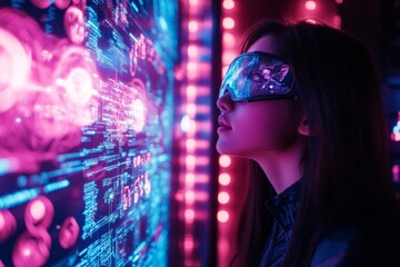 Naklejka premium A cyberpunk-inspired scene of a futuristic market where a scanner is identifying people identities with holographic projections glowing in neon blue and purple