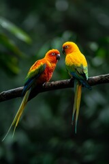 Obraz premium Colorful Parrot: A pair of brightly colored parrots perched on a tree branch in a tropical rainforest.