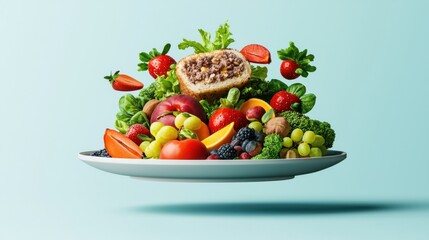 Fresh and Colorful Assorted Fruits and Vegetables on a Plate