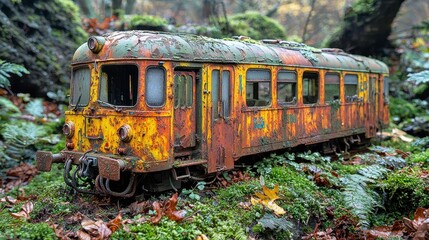 Obraz premium Rusty train wreck in mossy forest
