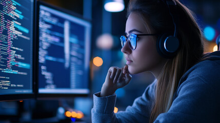 Woman Programmer Working Late - Focused young woman wearing headphones, concentrating on code displayed on dual computer monitors in a dimly lit room.