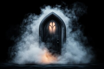 A dark, Gothic depiction of a heavy stone crypt door opening slowly, with faint mist and an eerie glow emanating from within