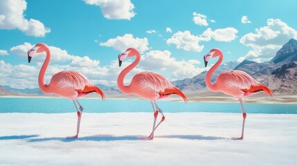 Obraz premium Flamingos walking along a serene lake under a bright blue sky with fluffy clouds, showcasing natures beauty and wildlife in a tranquil environment.