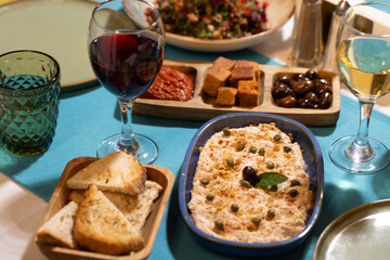 Tarama (Fish Roe Spread) with Toasted Bread and Red Wine
