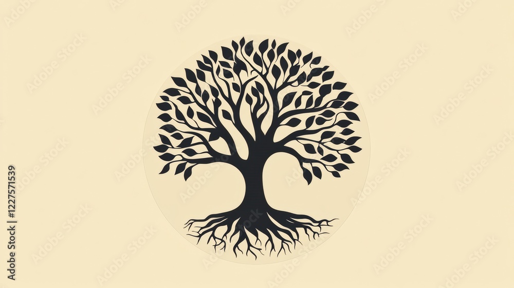 Poster Symbolic representation of the tree of life with intricate roots and branches on a soft background. Generative AI