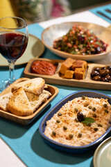 Tarama (Fish Roe Spread) with Toasted Bread and Red Wine
