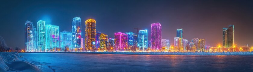 Vibrant city skyline at night with colorful illuminated buildings and reflections.