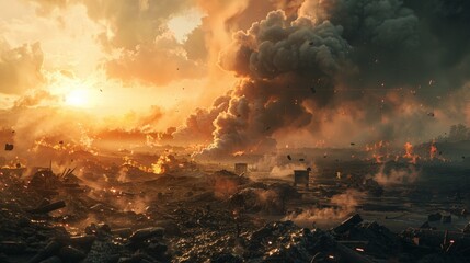 Obraz premium Apocalyptic landscape with destroyed buildings and smoke. Use as a background for post-apocalyptic games and films.