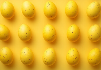 Easter concept: Easter eggs with a pattern of yellow eggs repeated on a yellow background