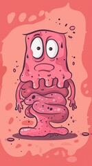 Image of a funny pink character with an expression of sadness and tiredness. Suitable for children's books, educational materials, toy adverts.