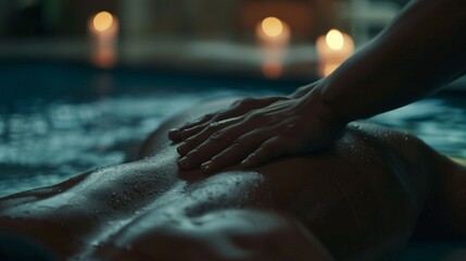 Abstract image of a hand immersed in water with floating candles can be used as a background for meditation and relaxation websites, as well as in articles about psychology and self-discovery.