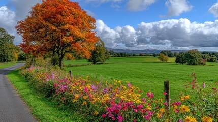Naklejka premium Autumnal countryside road, vibrant flowers, rolling hills, scenic view, nature photography