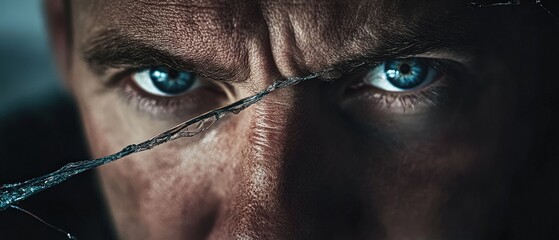 Eyes, close-up of a persons intense gaze reflecting emotion, conflict, and depth, showcasing raw vulnerability and strength through a cracked surface background.
