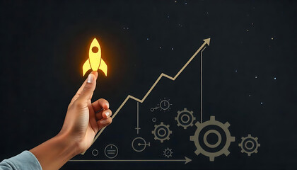  A hand reaching towards a glowing rocket icon on a rising graph line, set against a dark background, signifying business success and financial growth, created with generative ai 
