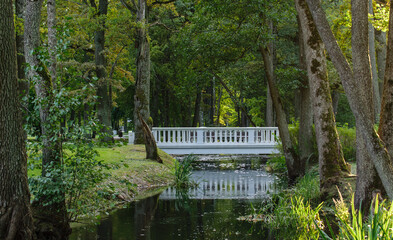 Footbridge over the canal in Kemeri park in Latvia