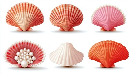 Colorful Seashell Collection with Pearls on a White Background